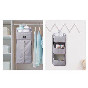 Crib organizer with multiple pockets and compartments for diapers, bottles, pacifiers, toys, and baby essentials